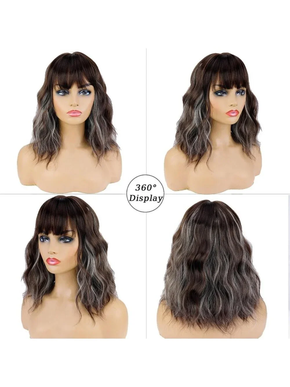 Women Brown Mixed Blonde 14 Inch Heat Resistant Short Bangs Bob Modern Wavy Wigs